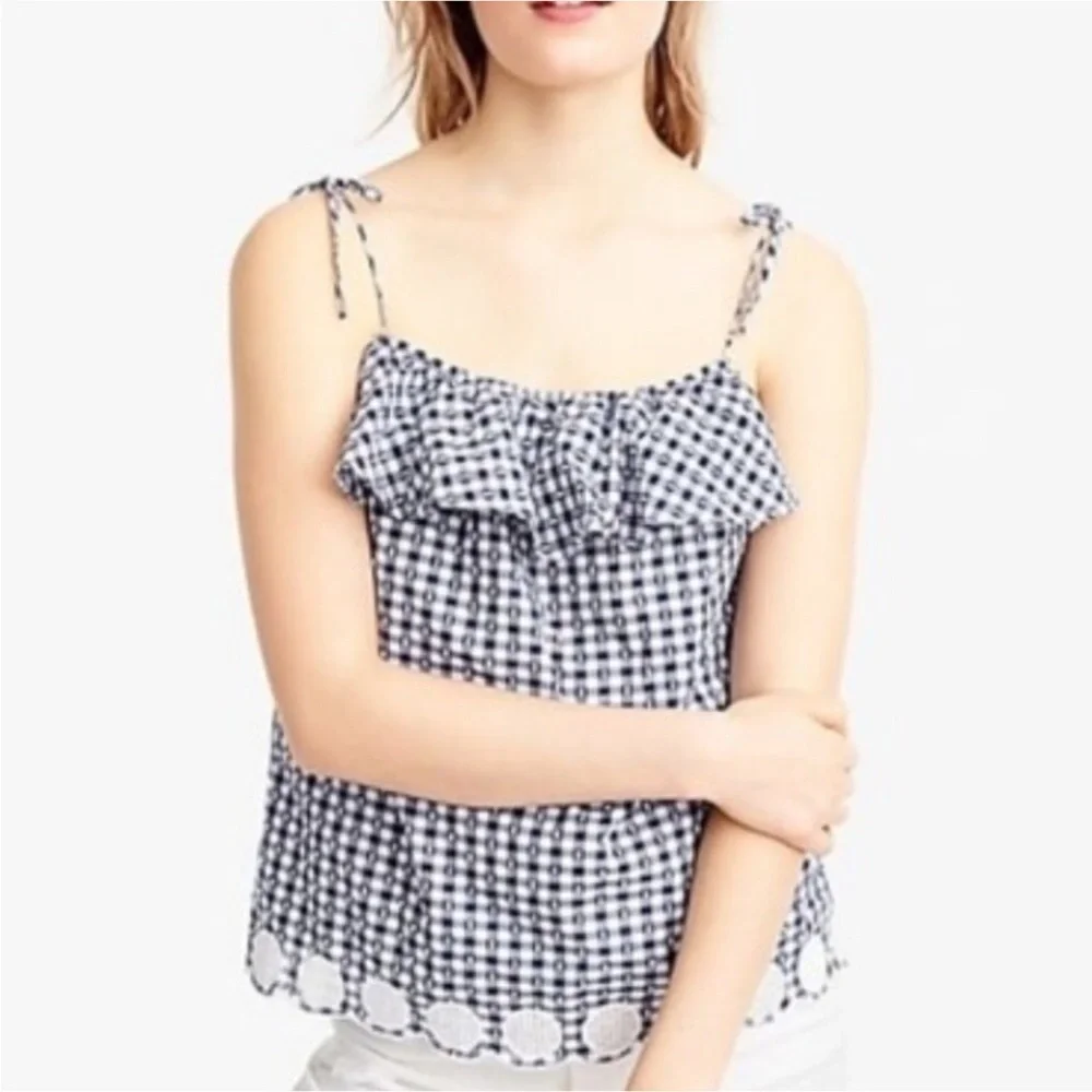 J.Crew Gingham Plaid Ruffle Tie Shoulder Top